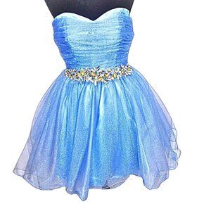 CAMILLE LA VIE BLUE ORGANZA HOMECOMING PARTY DRESS W/ CRYSTAL EMBELLISHED WAIST